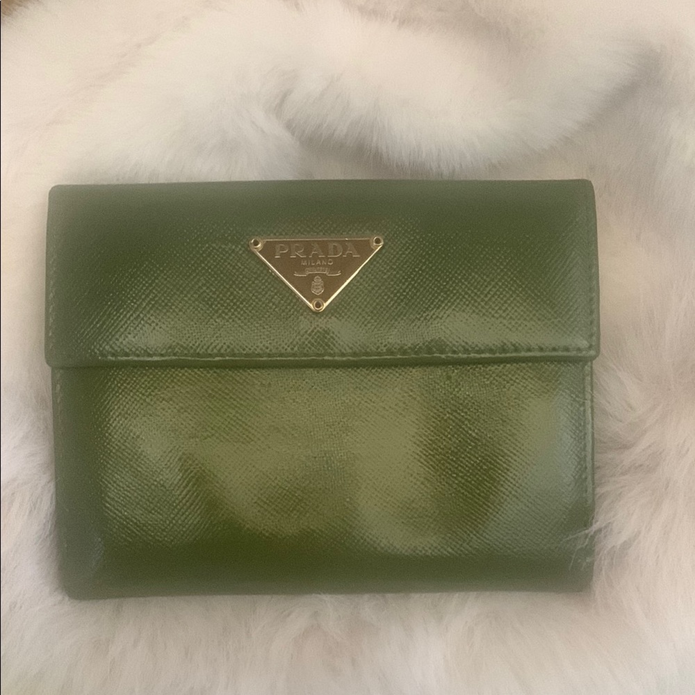 Prada Green Leather Wallet with Gold Logo and Flap Closure